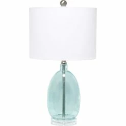 Deals 🔔 Lalia Home Oval Glass 22 In. Table Lamp With White Drum Shade, Clear Blue 💯