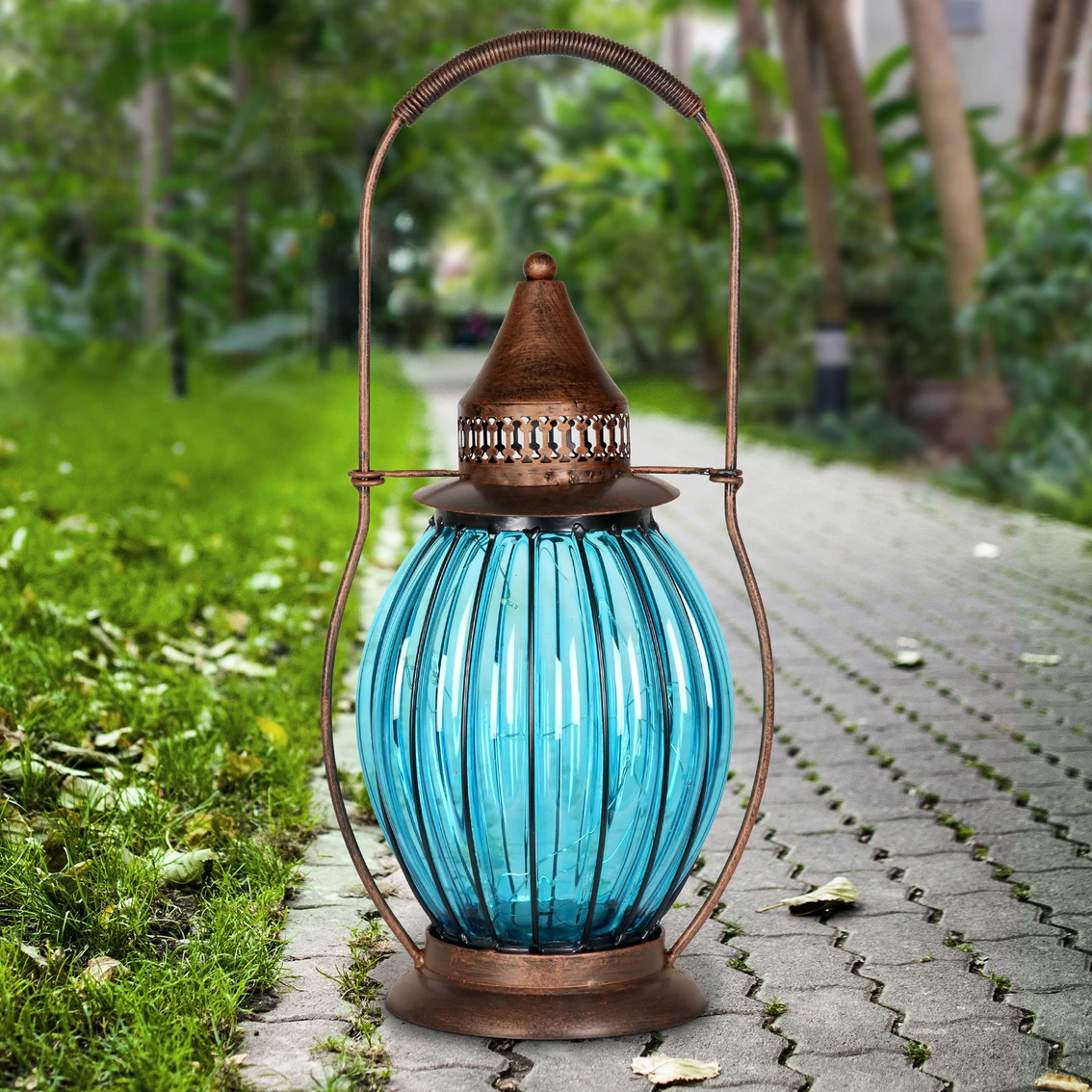 Best Pirce ๐คฉ Exhart Solar Antique Metal And Sea Blue Glass 7 X 14 In. Accent Lantern โ๏ธ - Image 2